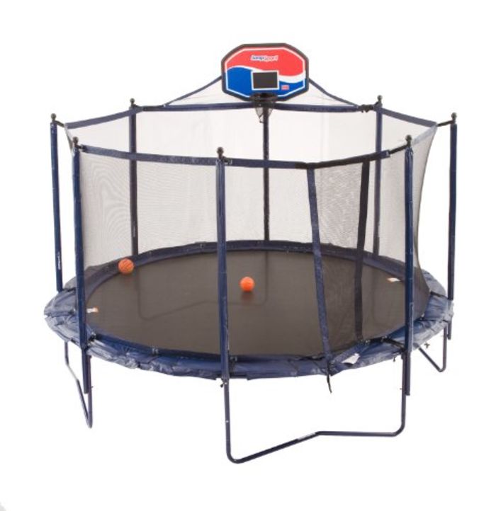 rectangle trampoline with basketball hoop