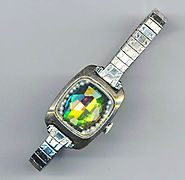 Antique Watch Case Bracelet . Green Swarovski Rhinestone . Genuine Tiny Pearls . Vintage Upcycled - Aurora Borealis b...
