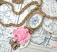 necklace watch case assemblage pink rose pendant upcycle