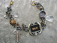 Typewriter Key in Watch Case Bracelet, with Charms, Antique Key and Crystals