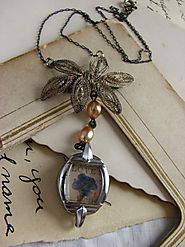 Forget-Me-Not Flower Assemblage Necklace –romantic, pressed flower, repurposed, watch case, antique